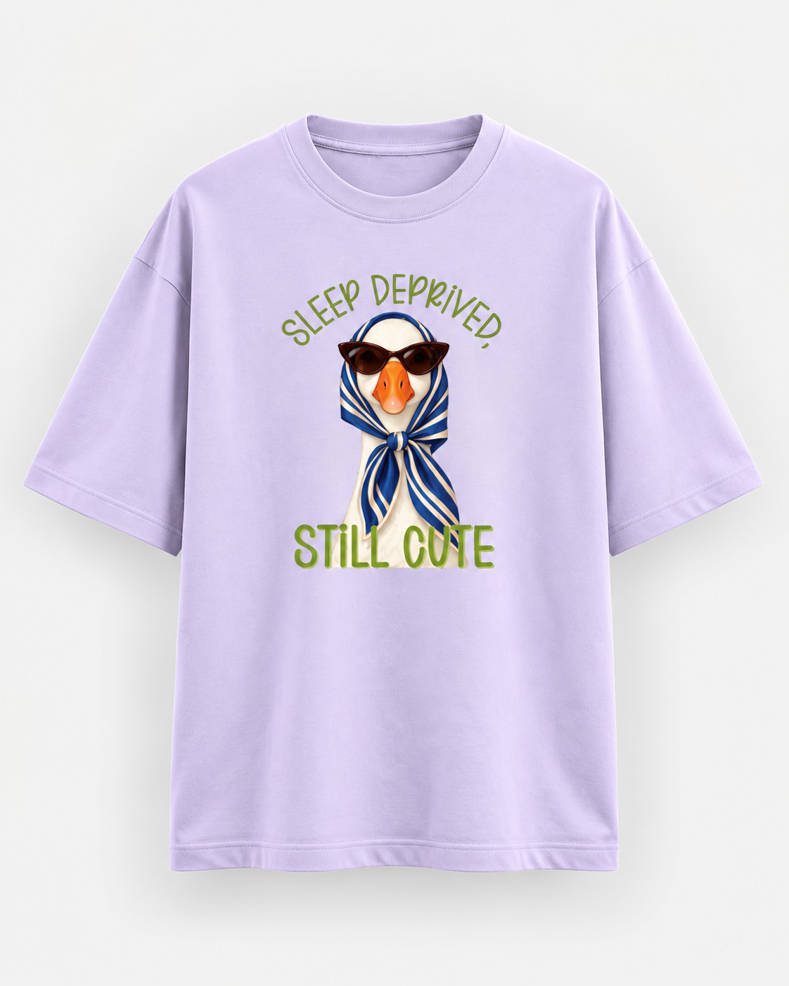 Lavender oversized T-shirt with Sleep Deprived Still Cute duck graphic