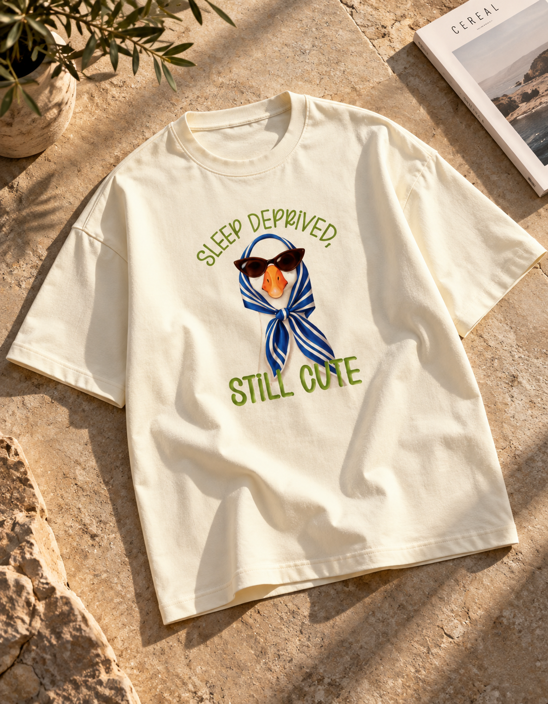 Funny duck illustration wearing sunglasses and a blue striped headscarf on a T-shirt