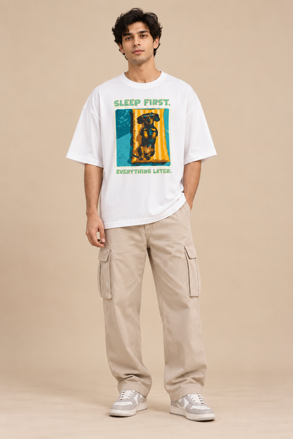 Retro dachshund oversized graphic T-shirt styled with baggy jeans