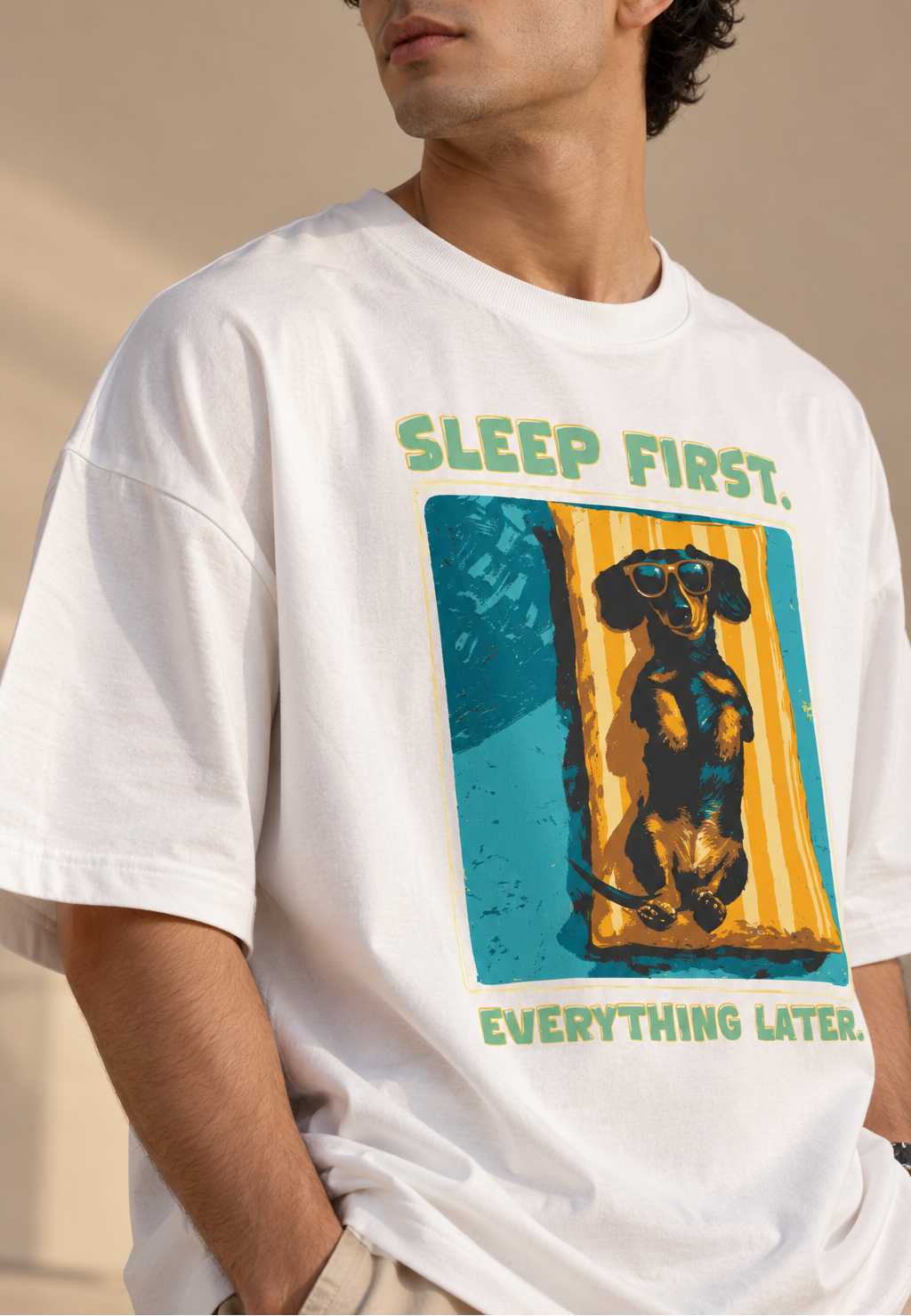 Dachshund wearing sunglasses in a retro teal and mustard-yellow graphic