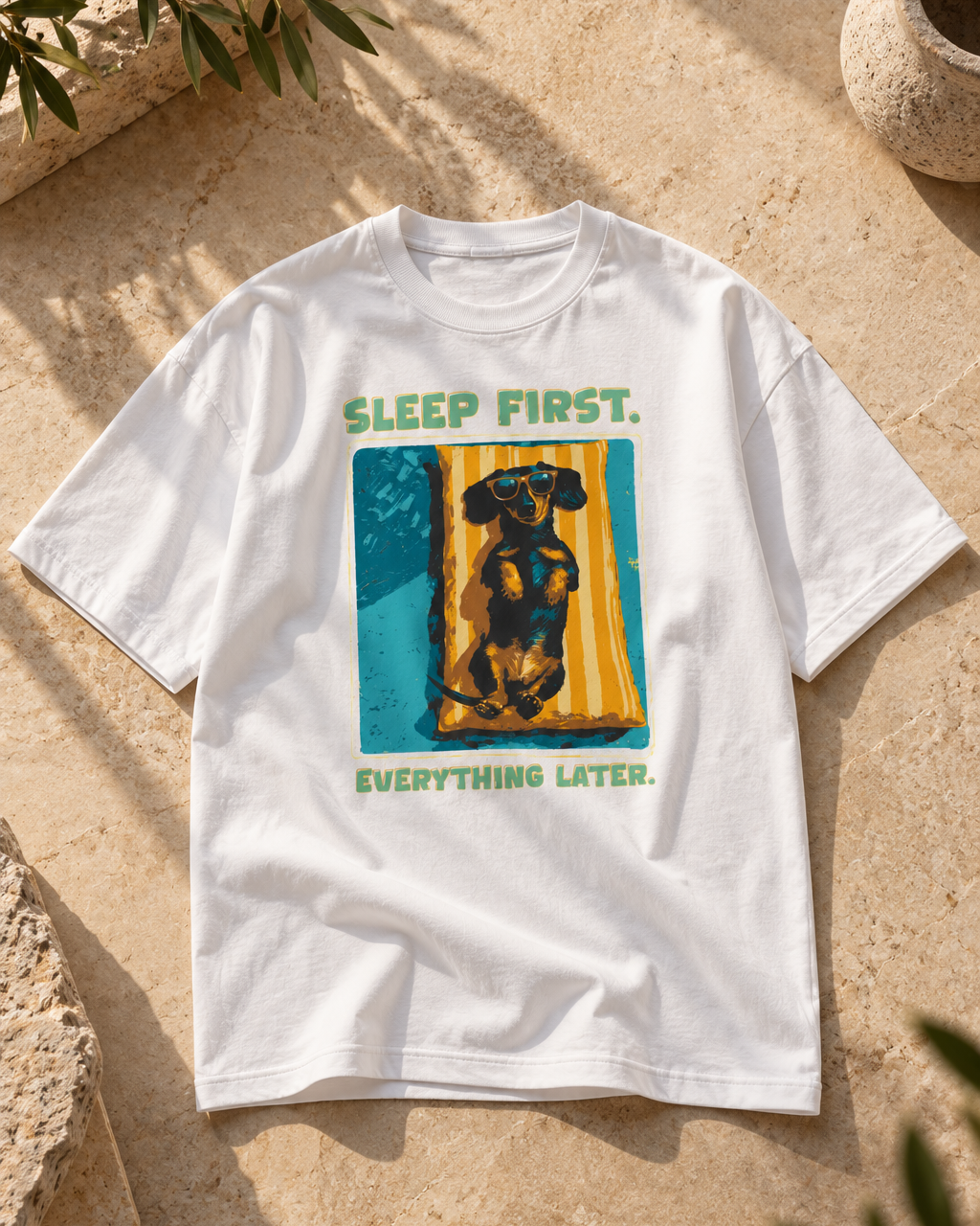 Dachshund wearing sunglasses in a retro teal and mustard-yellow graphic