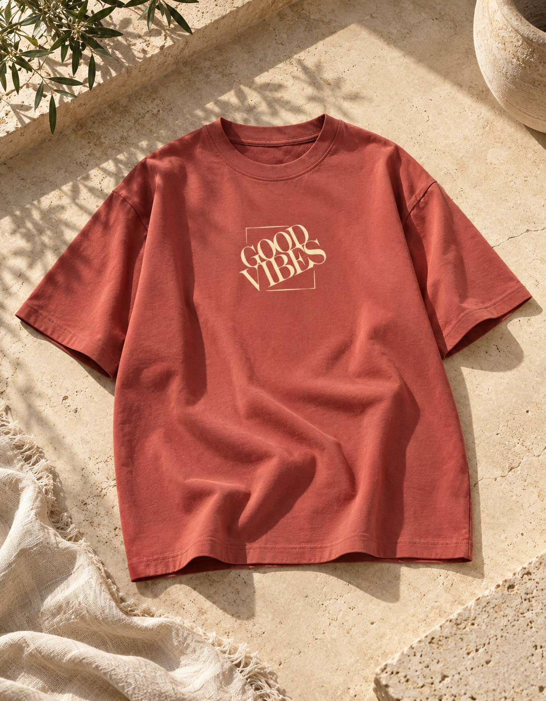 Good Vibes Oversized T-Shirt – Coral Minimalist Graphic Tee