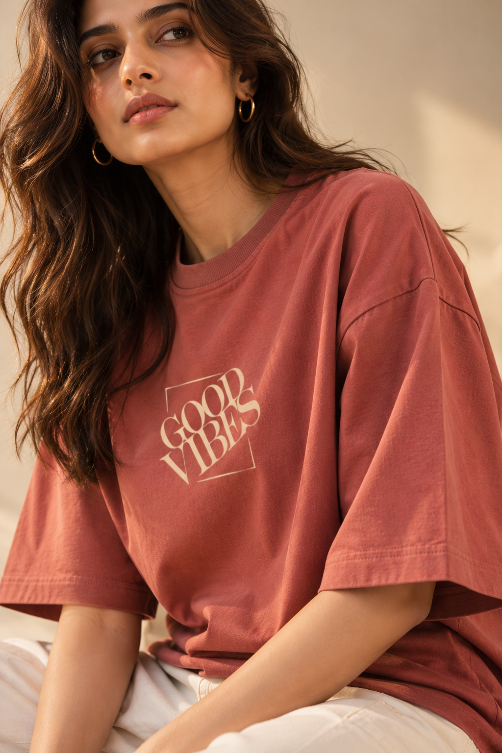 Good Vibes Oversized T-Shirt – Coral Minimalist Graphic Tee