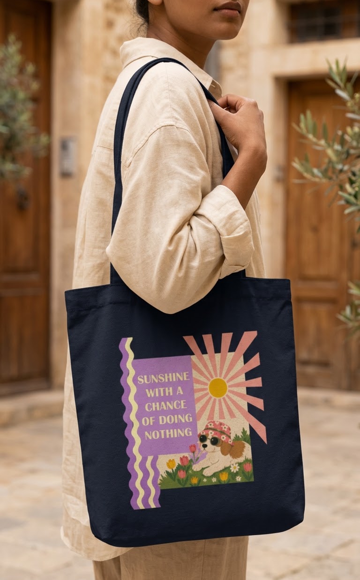 Sunshine Navy Blue Tote Bag Zipper