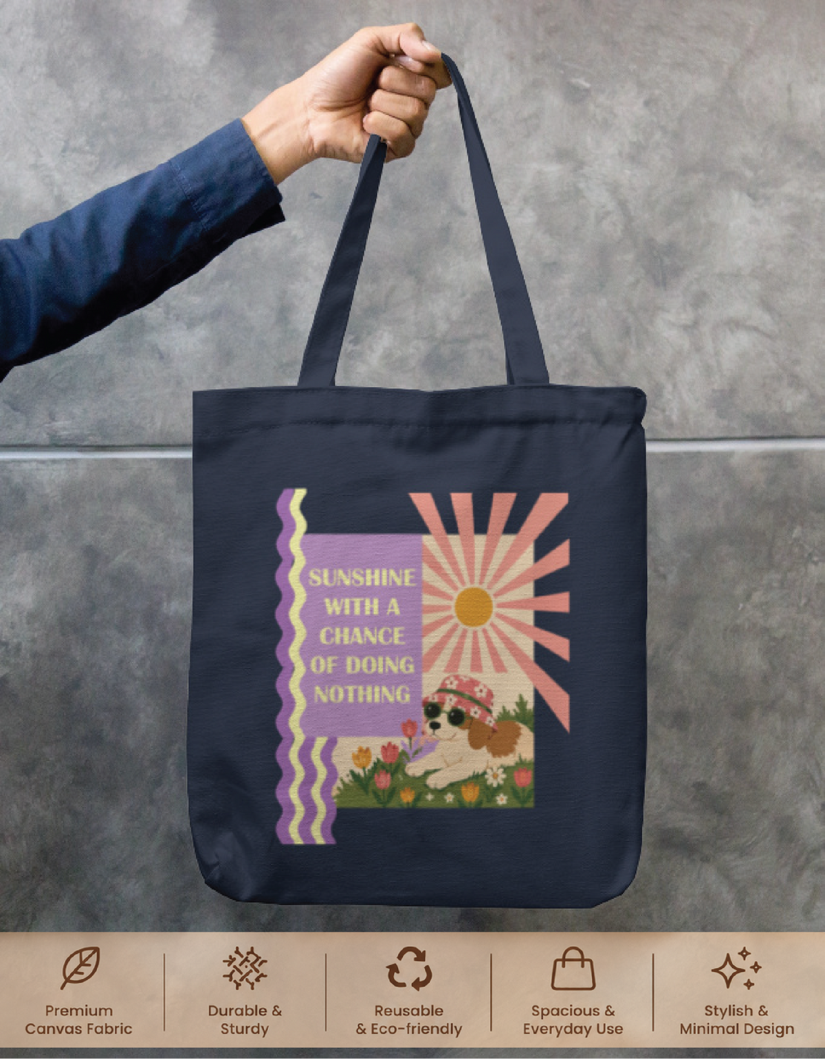 Sunshine Navy Blue Tote Bag Zipper